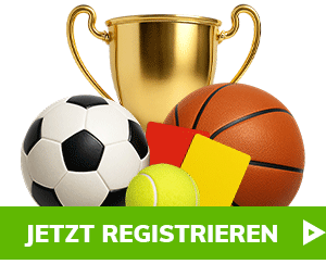 Sporttrophäe mit Fussball Basketball und Jetzt registrieren Button