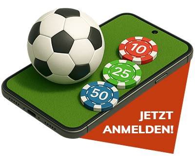 Smartphone mit Fussball und Casino Chips sowie Anmelden Button