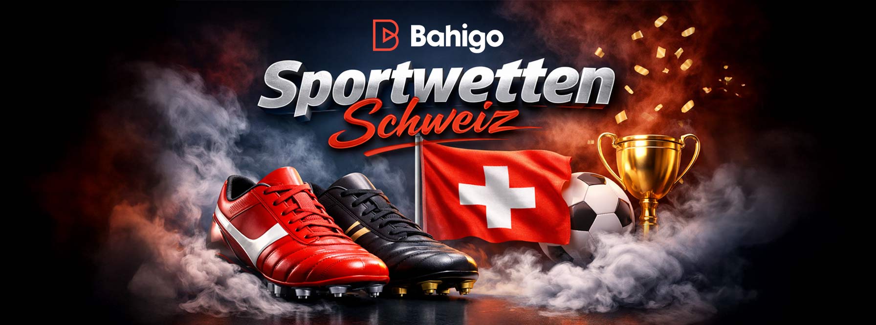 Sportwetten in der Schweiz mit Fussballschuhen Pokal und Landesflagge